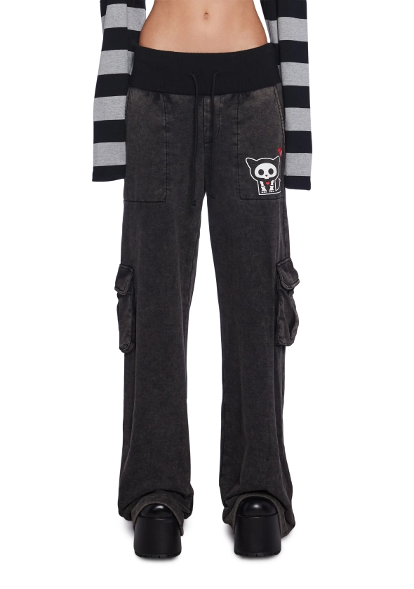 Dolls Kill x Skelanimals Kit Graphic Oversized Washed Wide Leg Sweatpants - Dark Gray