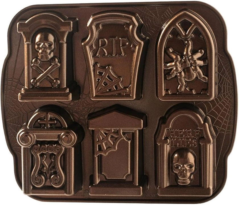 Nordic Ware 91848 Tombstone Cast Aluminium Halloween Tin, Makes 6 Mini Spooky Pattern, Cake Mould Made in The USA, Bronze