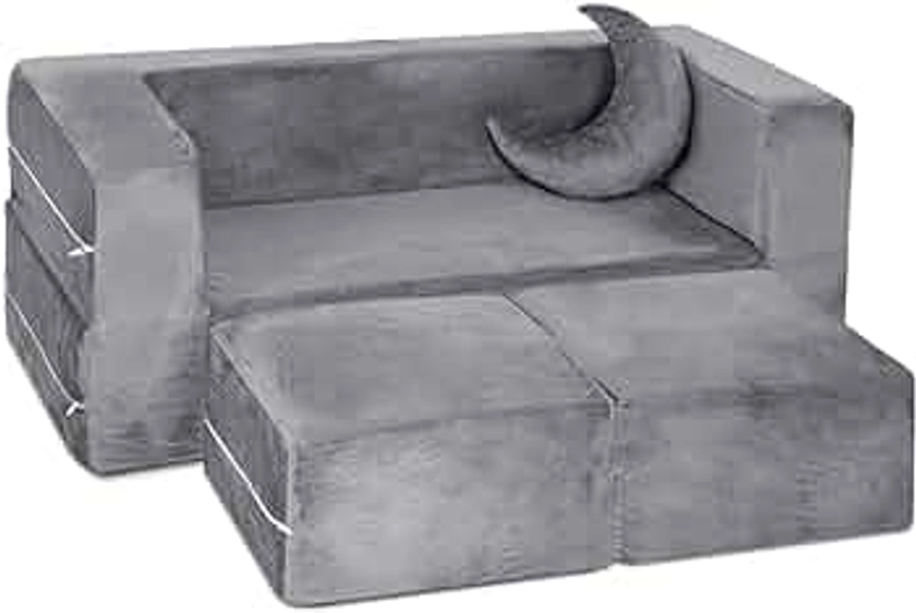 Milliard Kids Couch, Modular Toddler Sofa Bed for Playroom/Baby Bedroom Furniture, Velvety Gray with Bonus Pillow