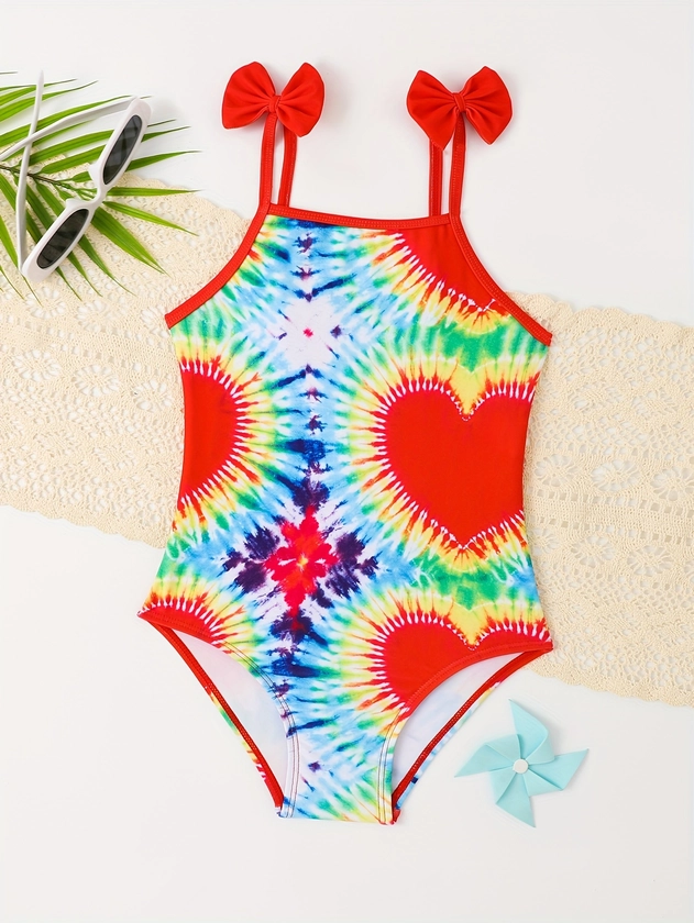 Trendy Girls Tie Dye Graphic Bow Decor Swimwear For Summer Gift