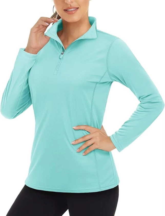 Boladeci Rash Guard for Women Long Sleeve Shirts UPF 50+ UV Protection Clothing Sun Shirt Quarter Zip Cooling SPF Plain Tops Hiking Swim S Lake Blue at Amazon Women’s Clothing store