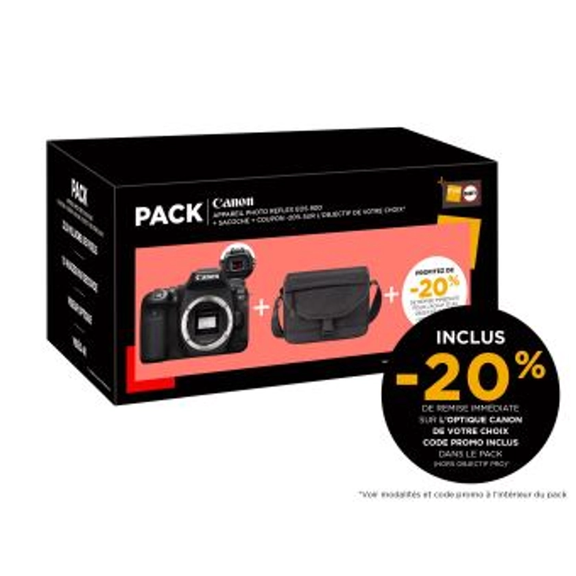Pack Fnac Appareil photo reflex Canon EOS 90D Boitier Nu + Sacoche + Coupon -20% sur les optiques inclus