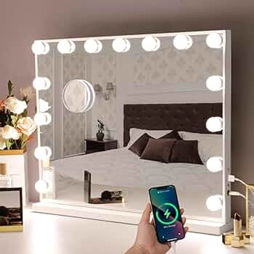 Hansong Vanity Mirror with Lights, 22''x18'' Hollywood Mirror, Makeup Mirror with 15 Dimmable Bulbs, 10X Magnification and USB Charging Port, White