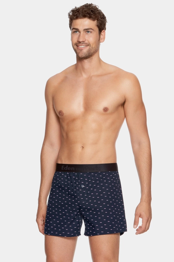 Boxer à micro motifs nœud papillon marine et blanc en coton