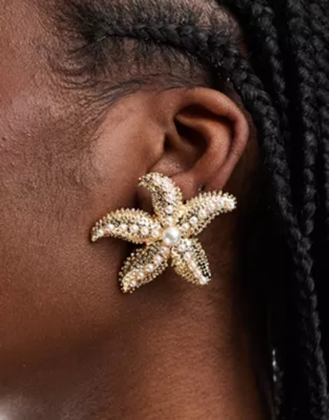 ASOS DESIGN stud earrings with starfish faux pearl design in gold tone | ASOS