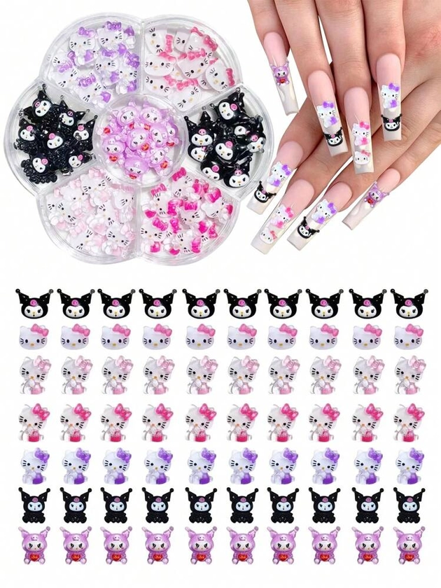 70Pcs/Box Kitty Cat Nail Charms Kawaii Cartoon Nail Jewelry Charms Rhinestone Gems Kit Crafts Hello Kittys Kuromis Cinnamorolls My Melodys Pochaccons Random Style(Some Parts May Be Random)