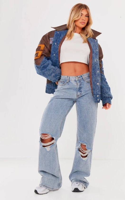 Light Blue Wash Baggy Wide Leg Ripped Jeans