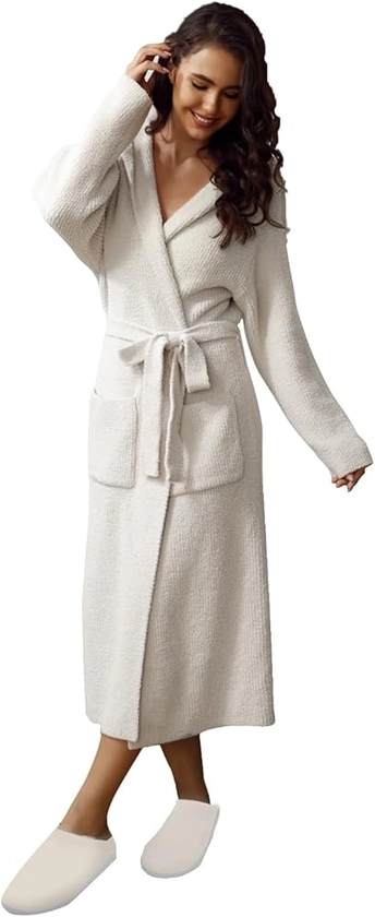 MH MYLUNE HOME Ultra Soft Robe with Pockets, Soft Spa Bathrobe Loungewear Calf-Length, Plush Robe for Women Fuzzy, Wrap Robe