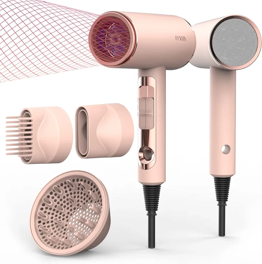 FUNTIN 2200W Hair Dryer with Diffuser Brush Nozzle Ionic Blow Dryer Powerful Baby Pink