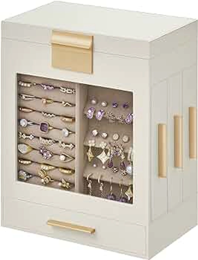 SONGMICS Jewelry Box with Glass Window, 5-Layer Jewelry Organizer with 3 Side Drawers, Jewelry Storage, with Big Mirror, Mother's Day Gifts, 5.1 x 7.9 x 9.7 Inches, Cloud White and Metallic Gold