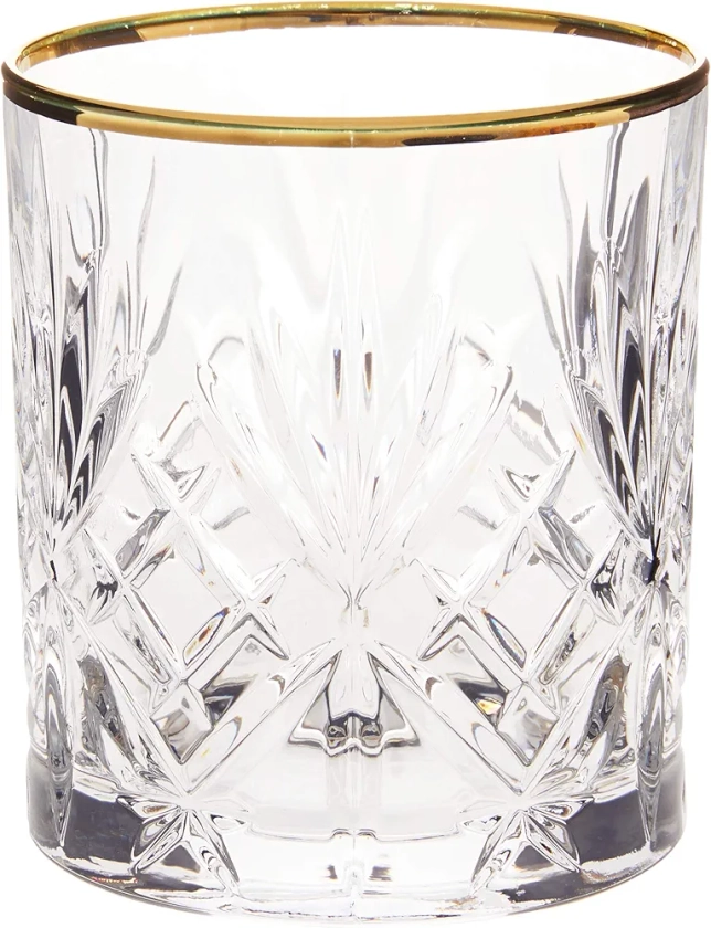 Lorren Home Trends Siena Collection Crystal Double Old Fashion Beverage Glass with Gold Band Design, Set of 4,10 FL OZ