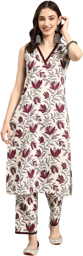 SMOWKLY V-Neck Sleeveless Kurta for Women (1433_MRN_S) Red : Amazon.in: Fashion