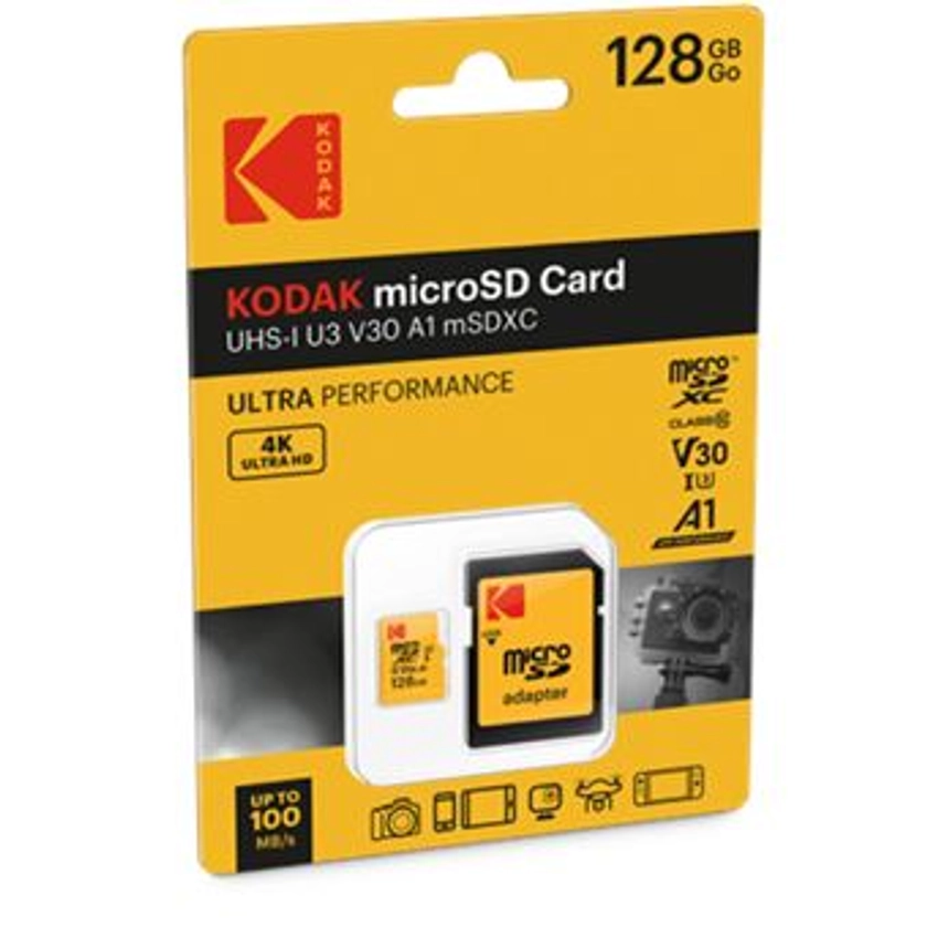 KODAK Carte Memoire Micro SD - 128GB, Classe 10, Haute Performance, avec Adaptateur