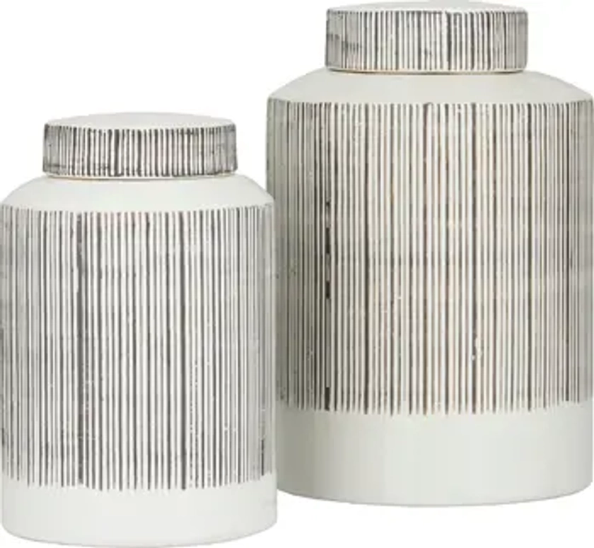 White Ceramic Striped Decorative Jar - Set of 2