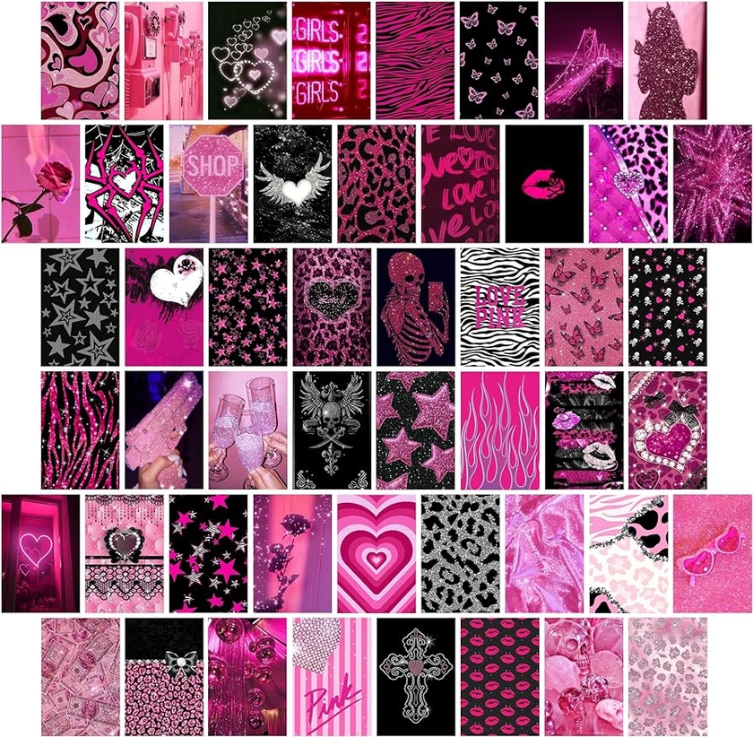 TwoDays Mcbling Room Decor Aesthetic Wall Collage Kit, Trashy Y2k Posters for Girls bedroom, 2000s Hot Pink Wall Art, Emo Baddie Prints for women Apartment.(Set of 50, 4" × 6")