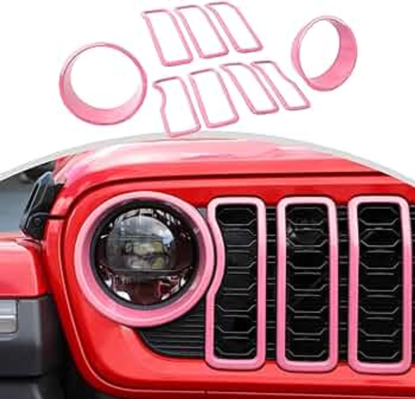 CheroCar for JL Grille Grill Insert & Headlight Turn Light Cover Trim Exterior Accessories for Jeep Wrangler JL JLU & Jeep Gladiator JT 2024+,Pink