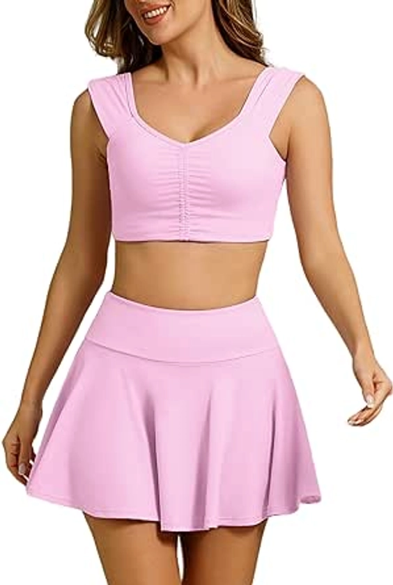 Amazon.com: ABOCIW Tennis Skirt Set Golf Dresses with Shorts V Neck Sports Bra Crop Tank High Waist Pleated Tennis Skirt Pickleball Outfit Pink Small : Clothing, Shoes & Jewelry