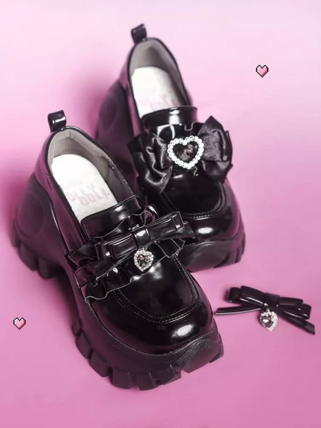 [$53.11]Jirai Kei Detachable Bow at Top Polished Black Chunky Heels Slip-on Platforms