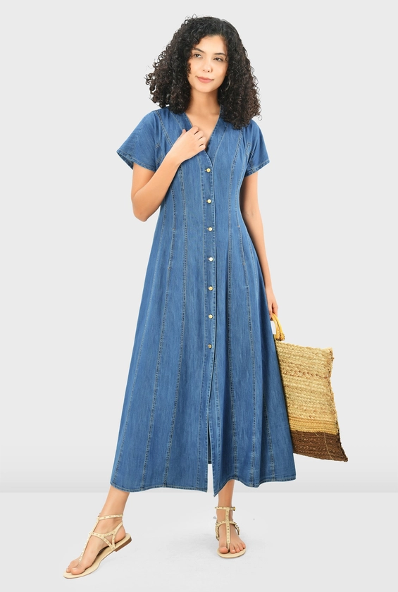 Pieced medium wash cotton denim A-line shirt dress