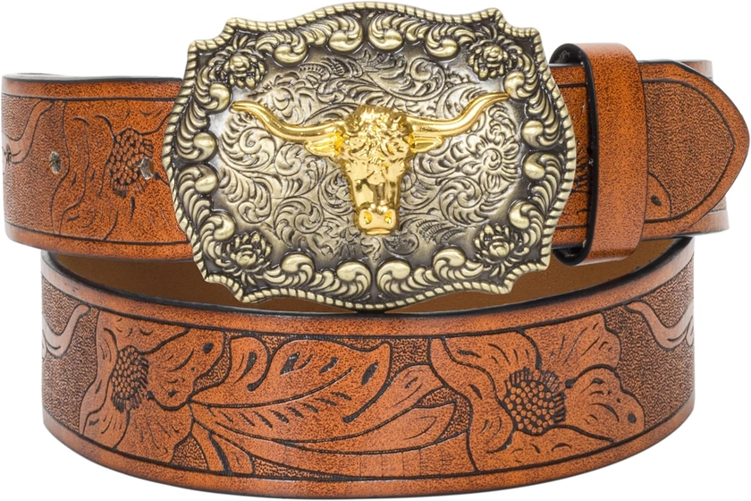 Western-PU-Leather-Belts for Men and Women Cowboy-Cowgirl Longhorn-Bull-Pattern-Engraved-Buckle-Belt for Unisex
