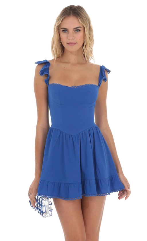 Embroidered Trim A-line Dress in Blue | LUCY IN THE SKY
