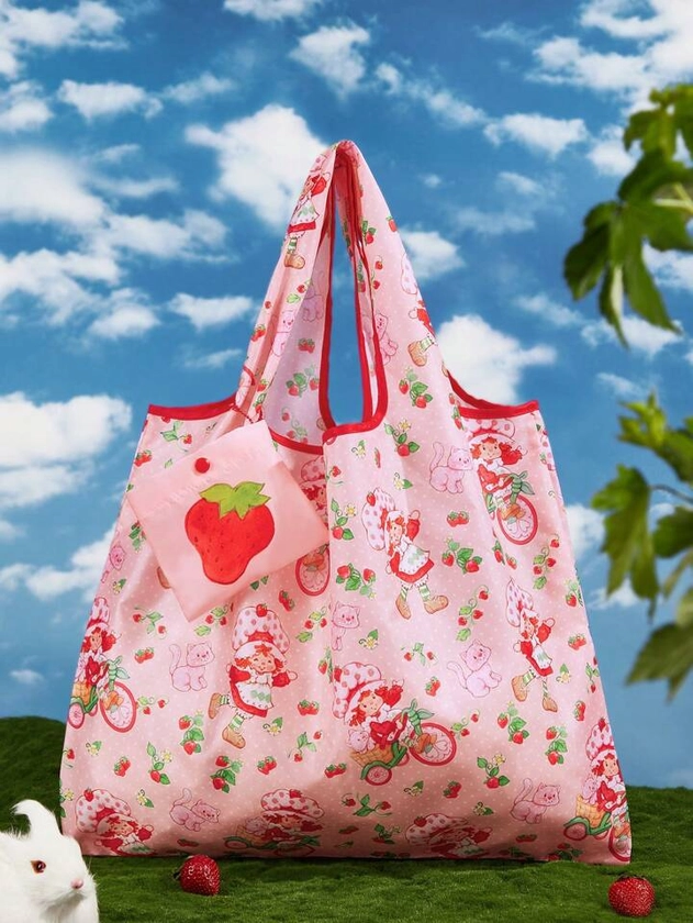 Strawberry Shortcake X SHEIN Cute Cartoon Character & Strawberry Print Color Block Foldable Shopping Tote Bag