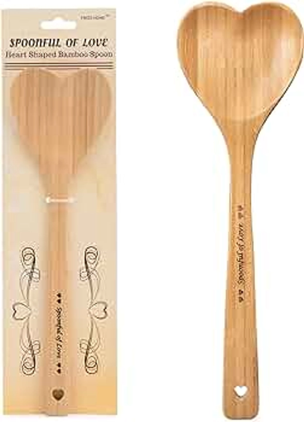 Heart Shaped Bamboo Spoon - Engraved SPOONFUL OF LOVE Wooden Serving Mixing Spoon - Vintage Country Kitchen Wood Utensil - Unique Gift Idea by PRIZE HOME
