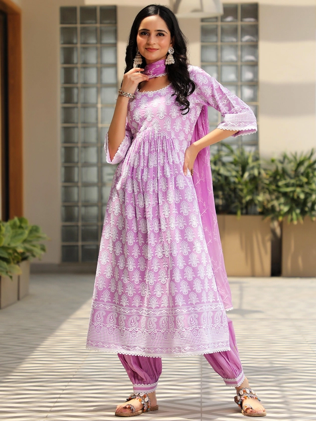 Purple Embroidered Cotton A-Line Kurta With Salwar & Dupatta
