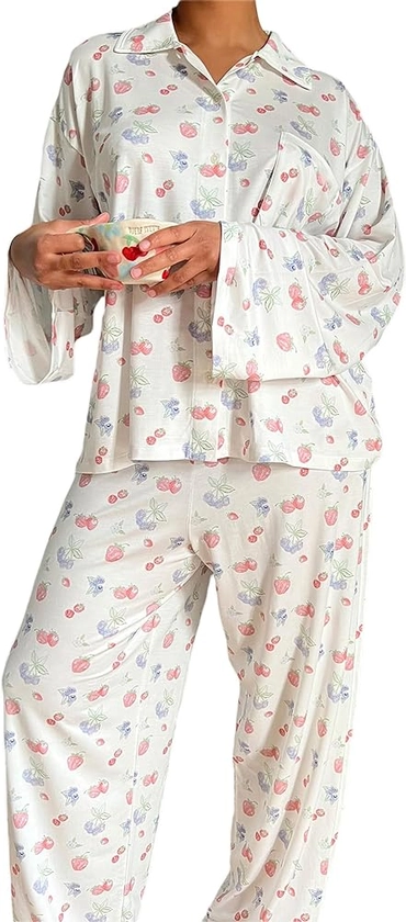 Springcmy Women 2Pcs Pajamas Sets Lapel Neck Button Down Shirt+ Wide Leg Palazzo Pants Y2K Loungewear Sleepwear Pjs