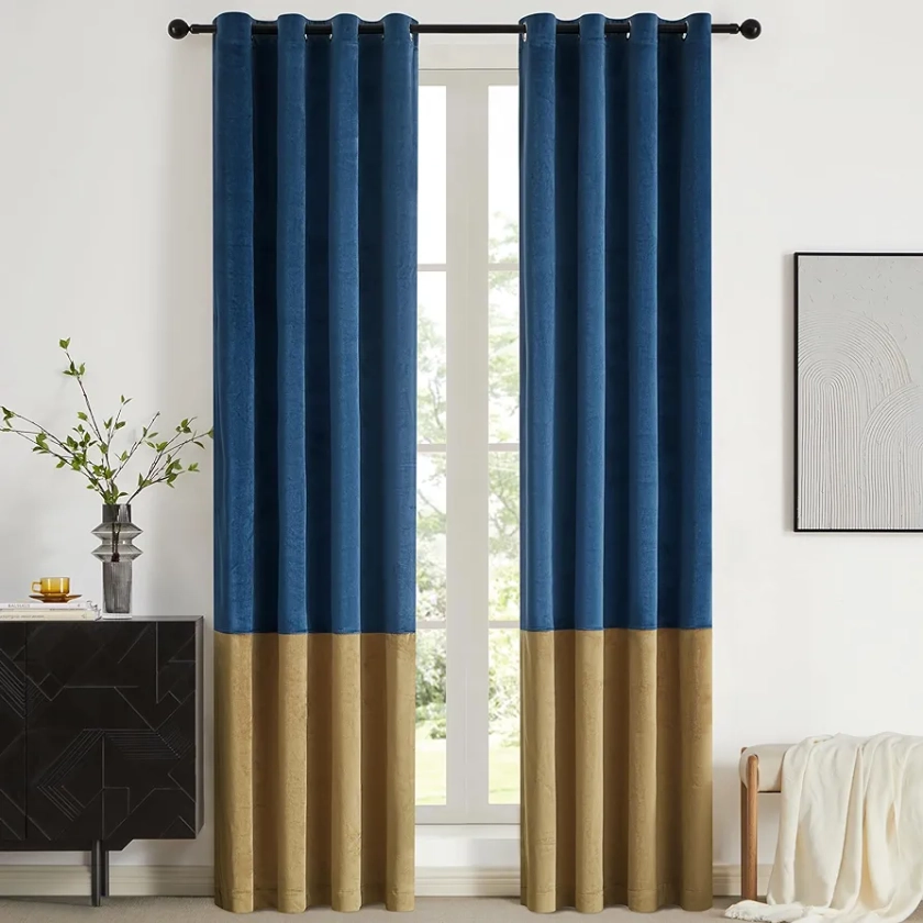 Color Block Window Curtains Panels 96 inches Long Navy Blue Gold Velvet Farmhouse Drapes for Bedroom Living Room Darkening Treatment with Grommet Set of 2