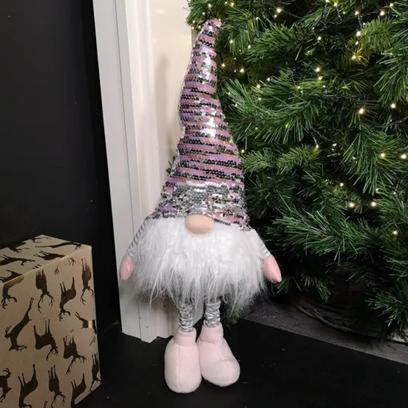 Christmas Decorations | 70cm Extendable Leg Grey Pink and White Christmas Gonk with Sequin Hat | Samuel Alexander