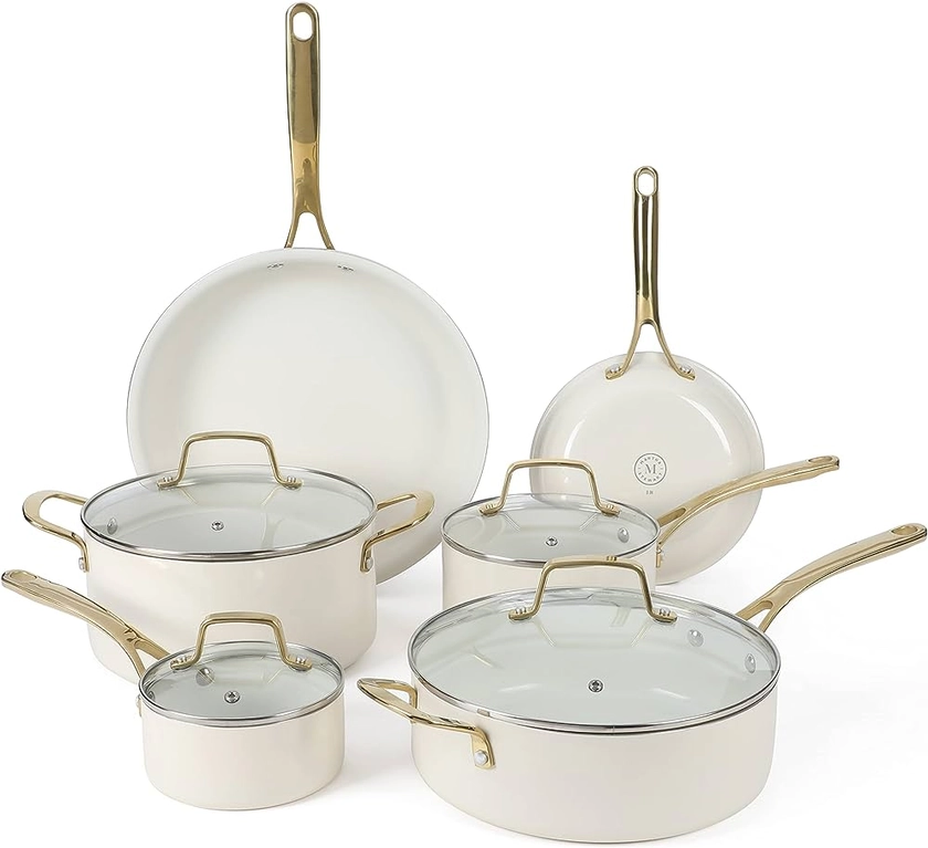 Amazon.com: Martha Stewart Lockton Premium Nonstick PFA Free Ceramic Interior 10 Piece Heavy Gauge Enamel Aluminum Pots and Pans Cookware Set - Linen White w/Gold Handle