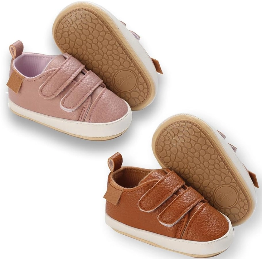 eitwo 2Pairs Baby Shoes,Boys Girls Non-Slip Rubber Sole Sneakers,Unisex Infant Soft Lightweight First Walking Crib Shoes