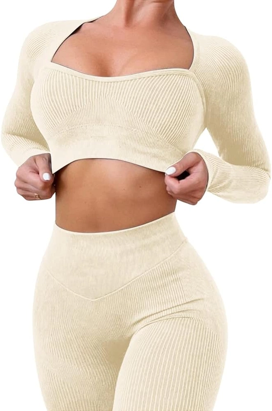 IDOPIP Gym Sets for Women 2 Piece Seamless Ribbed Workout Outfits Long Sleeve Crop Top High Waist Leggings Sets Tracksuit Fitness Yoga Sportswear Beige Medium : Amazon.co.uk: Fashion