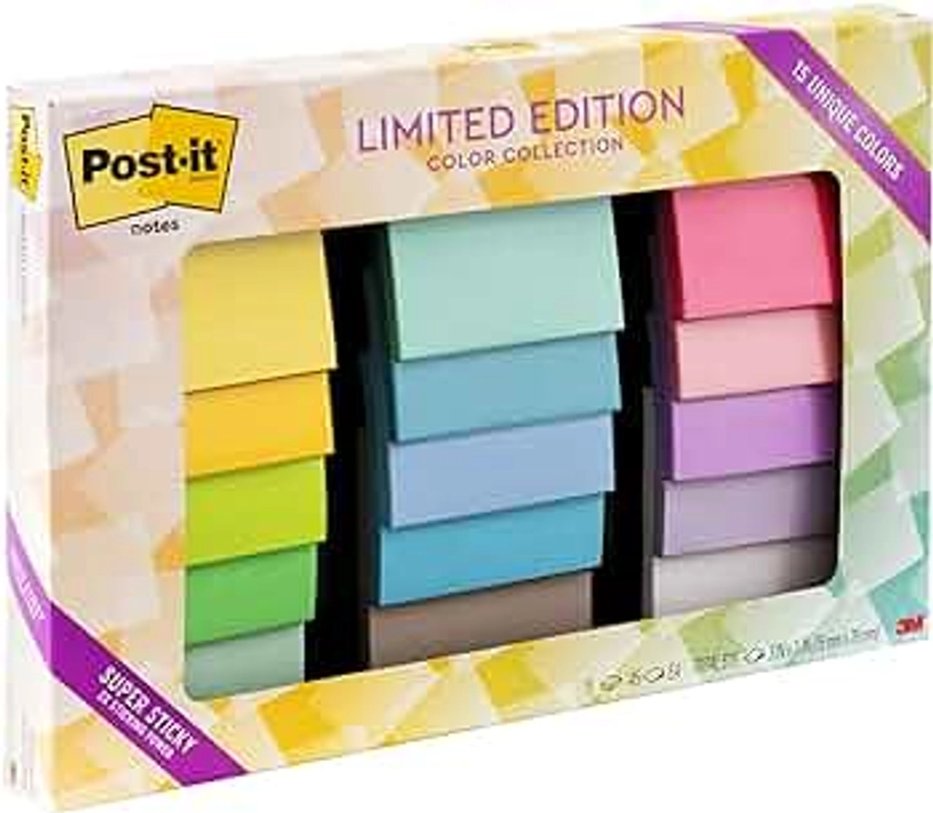 Post-it Super Sticky Notes, colección de colores de edición limitada, 3 x 3 pulgadas, 15 almohadillas para orejas por paquete, 45 hojas por bloc