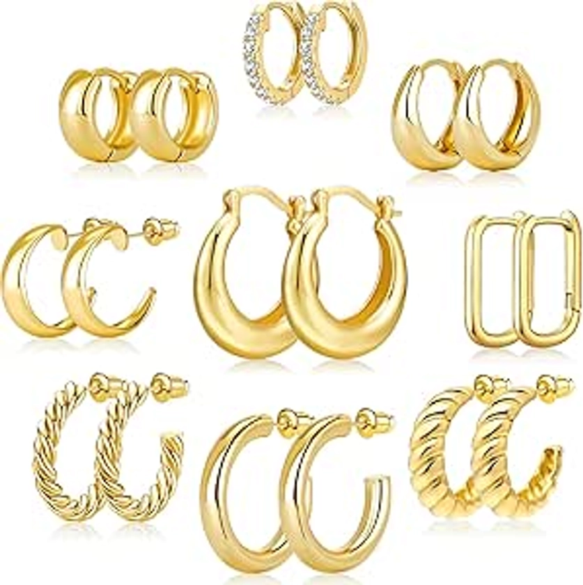 Amazon.com: Adoyi Gold Hoop Earrings, 14K Gold Plated Lightweight Jewelry, Small Chunky Huggie Hoop Earrings Set for Women, 9 Pairs: Clothing, Shoes & Jewelry