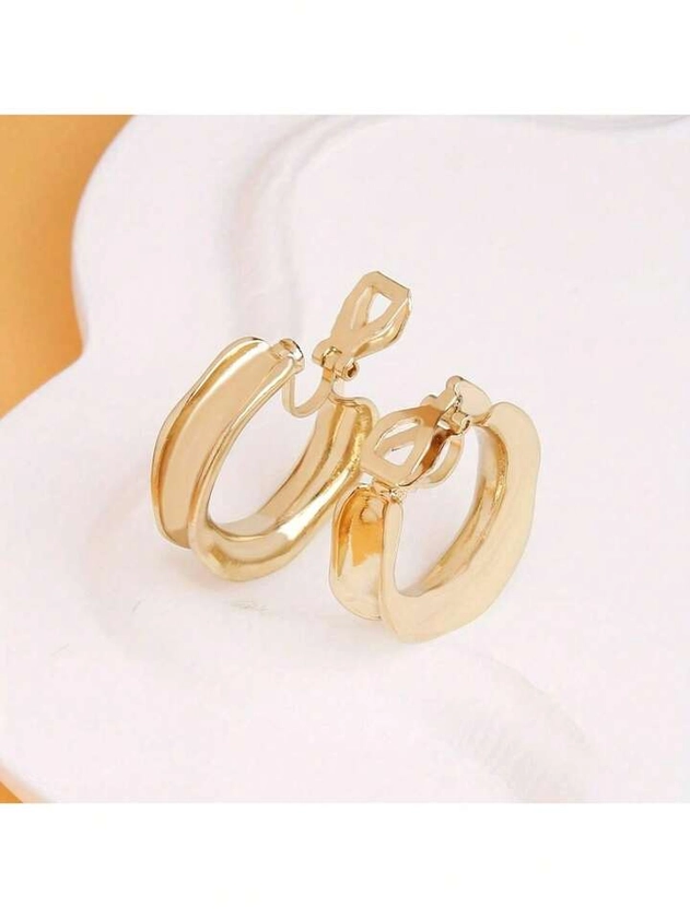 Yanxyad Classic Vintage Golden Hoop Clip-On Earrings For Women, Retro Style Non-Pierced Ear Jewelry, For Daily Wear | SHEIN USA