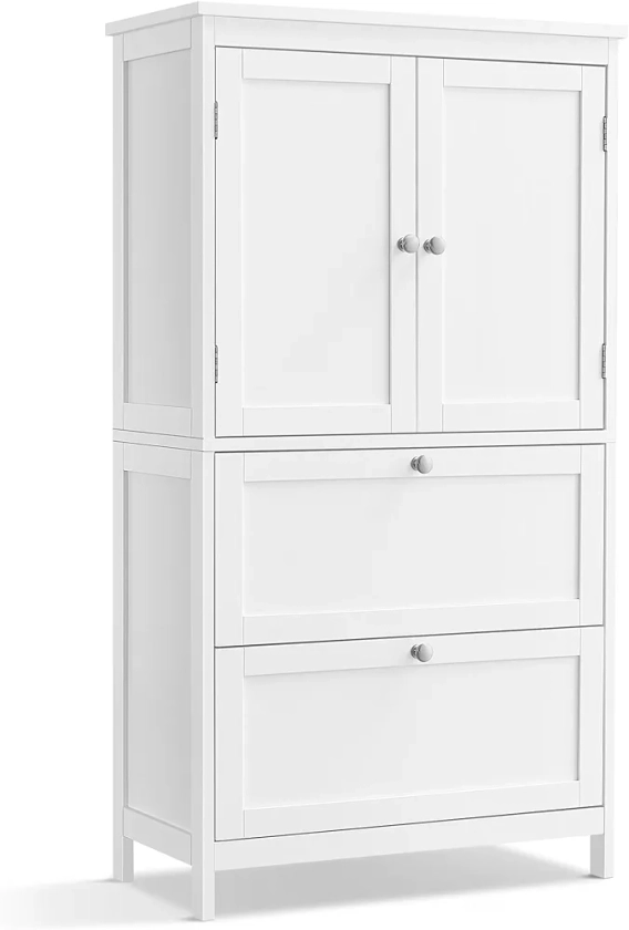 VASAGLE Armoire de Salle de Bain, Meuble de Rangement, Placard de Cuisine avec 2 Portes, 2 Tiroirs, Étagères Réglables, 30 x 60 x 110 cm, Blanc BBC551P31