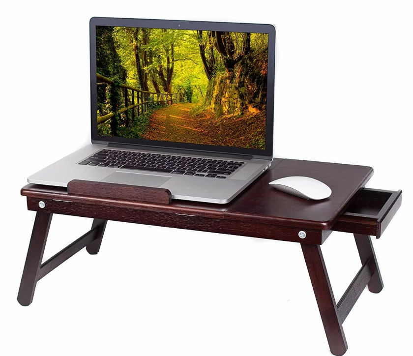 Birdrock Home Bamboo Laptop Bed Tray (Walnut)- Multi-Position Adjustable Surface - Pull Down Legs - Storage Drawer