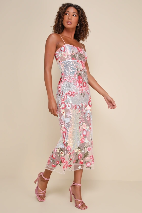 Stunning Impact Pink Sheer Embroidered Floral Sequin Midi Dress