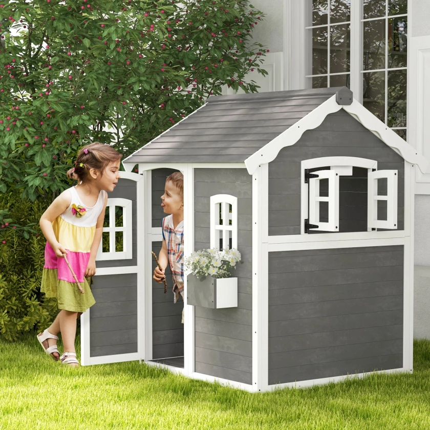 Outsunny Playhouse for Kids Outdoor with Floor for 3-8 Years Old, Gray