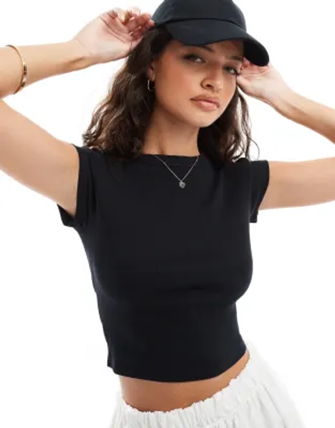 ASOS DESIGN shrunken rib baby tee with cap sleeve in black | ASOS