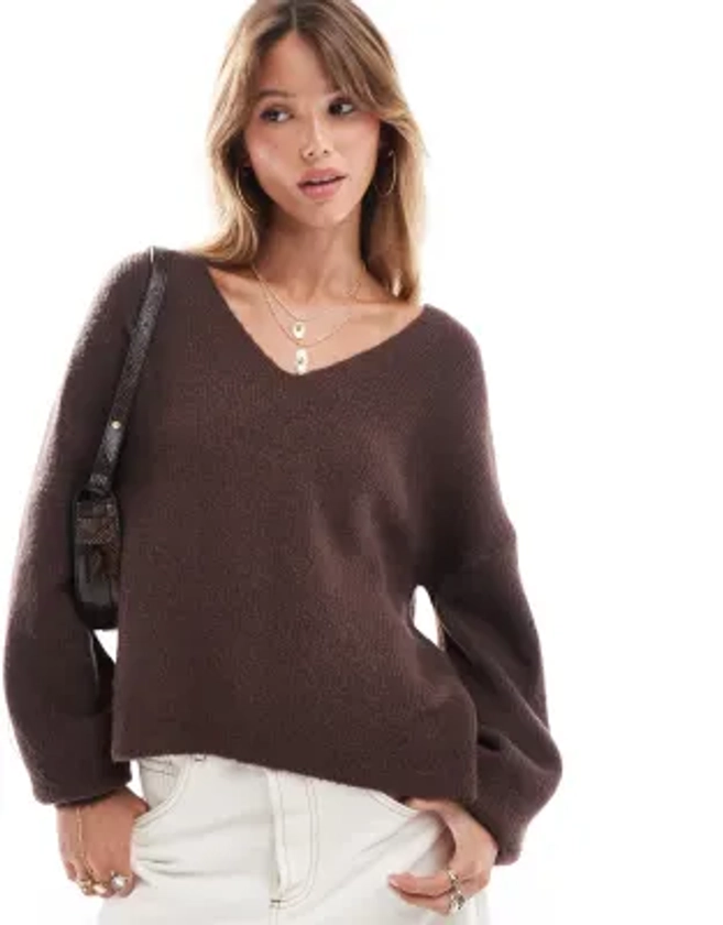 Threadbare fluffy v neck slouchy jumper in brown | ASOS