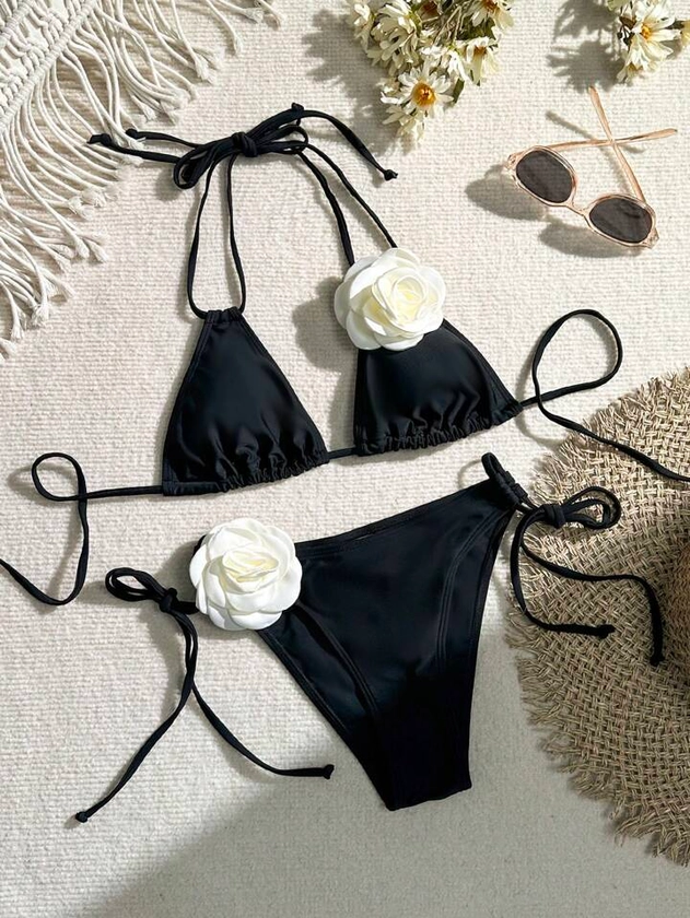 SHEIN Swim Summer Beach 3d Flower Decorated Side Tie Bikini Set