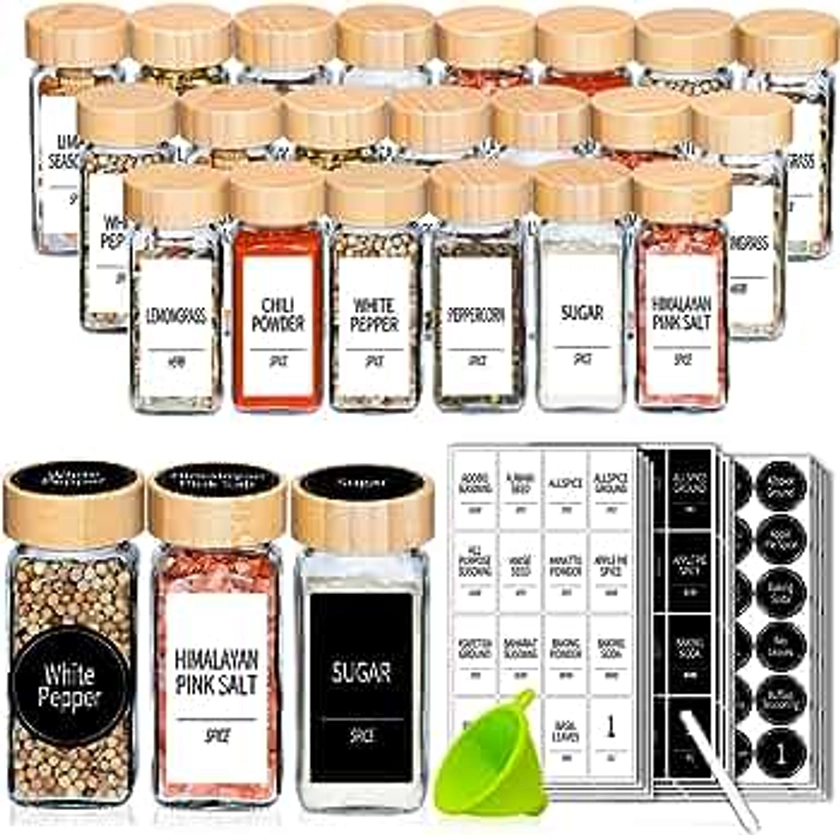 Churboro 24 Spice Jars with Labels & Bamboo Lids - 4 Oz Glass Containers with Shaker Lids, 547 Spice Labels of 3 Different Types Seasoning Jars for Spice Rack, Cabinet, or Drawer