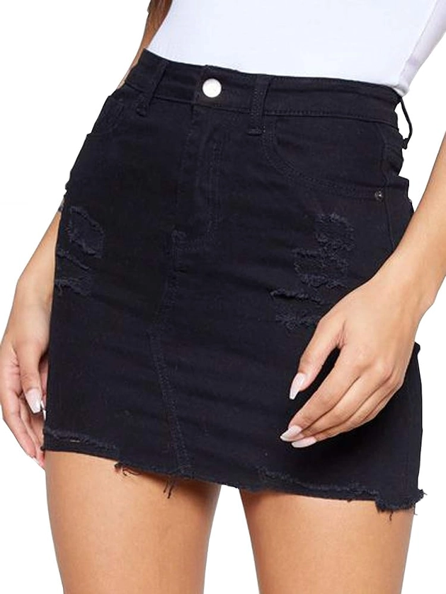 Just Quella Women's High Waisted Jean Skirt Fringed Slim Fit Denim Mini Skirt