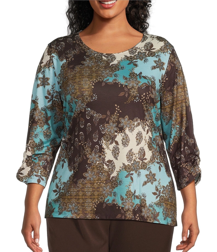 Allison Daley Plus Size Espresso Deco Patchwork Print 3/4 Ruched Sleeve Embellished Crew Neck Knit Top | Dillard's