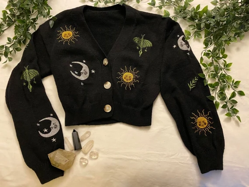 Sun Moon Celestial embroidered pixie goth forest fairy core Vegan knit black button up cardigan top One Size unisex Mother’s Day 12 14 16
