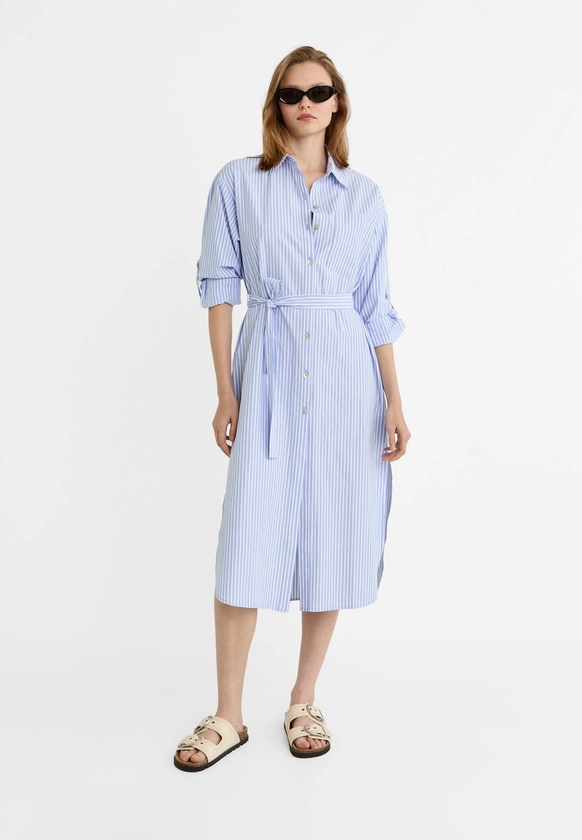 Robe chemise midi en popeline - Longue femme | Stradivarius France