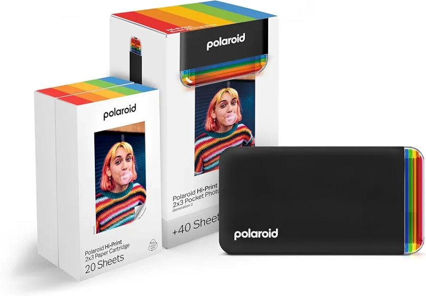 Polaroid Hi-Print + Paper Bundle- 2nd Generation Bluetooth Connected 2x3 Pocket Photo Dye-Sub Printer - Black Printer + 40 Photos (6439)